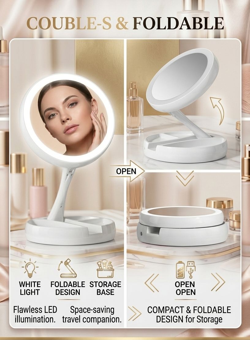 Double Sided Folding LED Makeup Mirror with Light | USB Power & Battery Lighted Vanity Mirror | Foldable Portable Tabletop Cosmetic Mirror with Stand & Storage Tray (1X/10X)