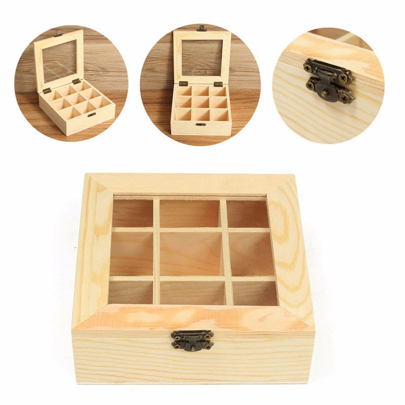 3x Wooden Tea Bag Jewelry Organizer Chest Storage Box 9 Compartments