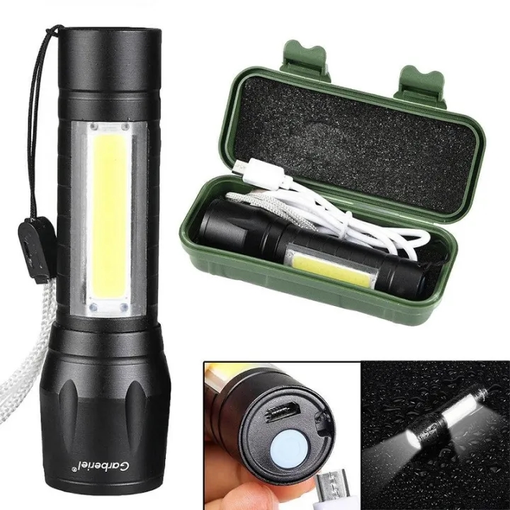Rechargeable Zoomable LED Torch - Micro USB Charging with Cable and Case - Stainless Steel Design USB Charging Powerful Flashlight 3800LM XPE COB Flash Light Torch price in Pakistan