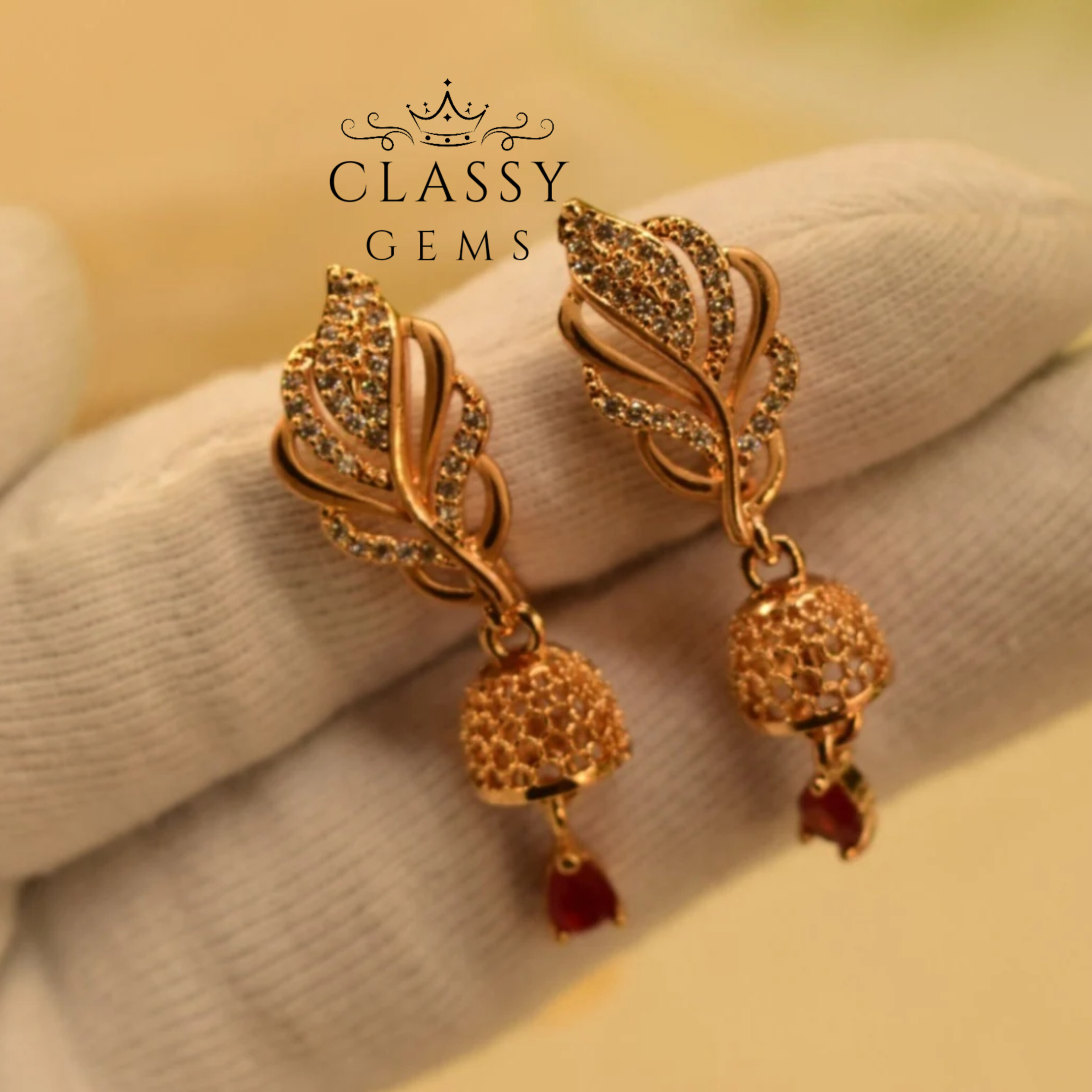 Stylish Gold Plated Long Leaf  Earrings With Red Stone For Girls/Women. Earrings Set/ classygems/Earrigs/ Jewellery for girls. Eid Earrings.