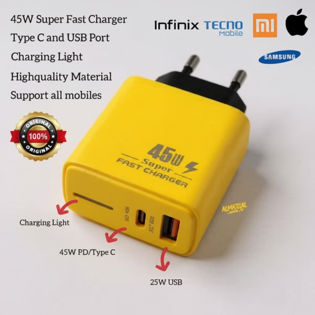 Digital Display Charger 45W Fast Adapter , LED Display Adapter, QC 3.0 | Fast Charging Brick + USB Cable | Universal Android | Rapid Charge USB Adapter | Cloudify.pk