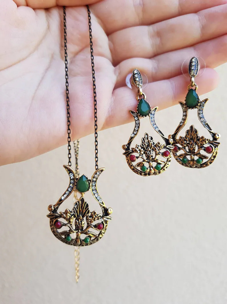 3 Colors Turkish Green Inlaid Tulip Earrings and Pendants Antique Gold Plated
