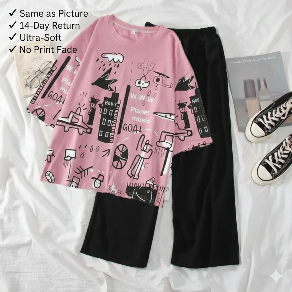 Women Plus Size Printed T-Shirt with Trouser Set Girls Comfortable and Quiet Outfit