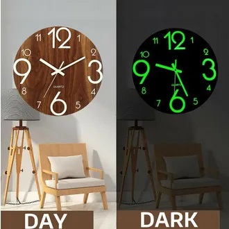 Night Light Wall Clock, Big size Glow in The Dark Wooden Wall Clock, Battery Operated Luminous Wall Clock for Bedroom, Living Room, offices and others