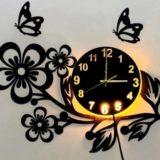 3D Wooden Flower Wall Clock 12 Inch Dark Brown Laser Cut MDF Silent Movement