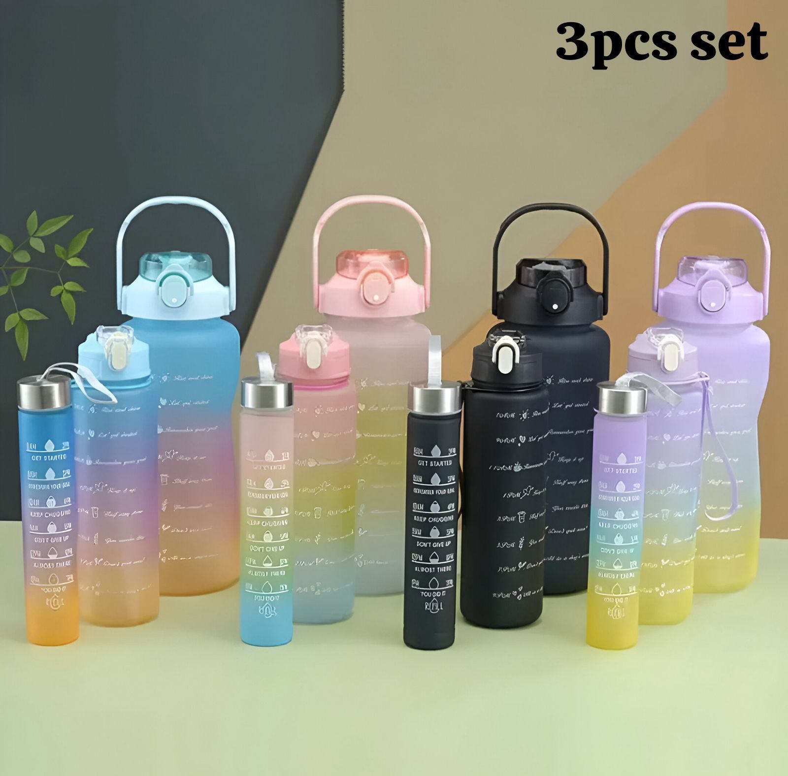 Set of 1 | 3 PCS Water Bottles With Straw, 2000ml, 750ml, 280ml Motivational Sport Water Bottles with Time Maker, BPA Free Leakproof Half Gallon 2L Water Jugs