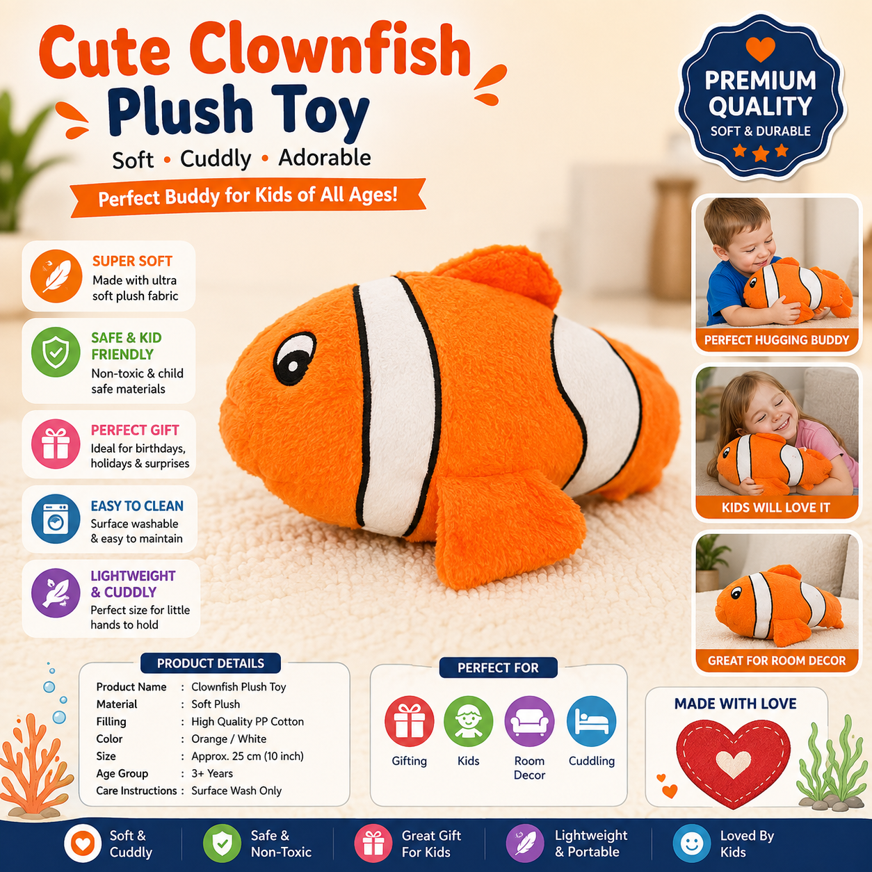 Cute Clownfish Plush Toy – Soft Stuffed Fish Doll for Kids | Cuddly Ocean Animal Plush
