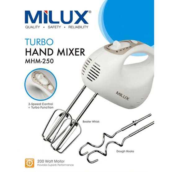 Milux Hand Mixer/Original Malaysia Brand/Heavy Duty 200W Motor With Turbo Fucntion/Electric Hand Beater/Egg Beater+Cream Beater/Best For Baking & Kitchen Use