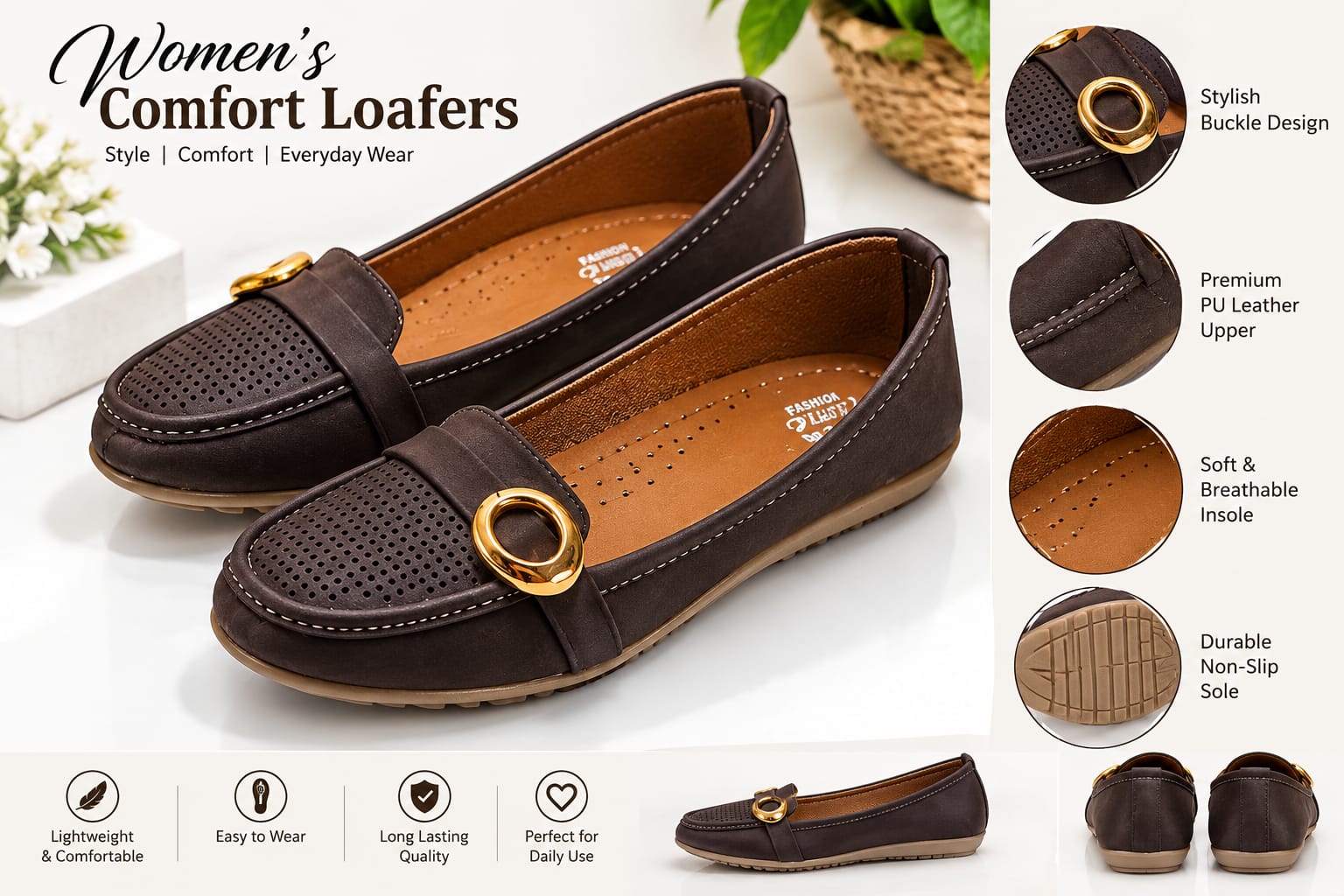 Women’s Brown & Baby Pink Loafers | Gold Buckle Perforated Slip-On Casual Shoes JOJO Shoes