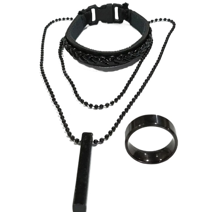 Triple Premium Combo Deal | 3 Pieces 3D Bar Stainless steel Necklace With Stainless Steel Titanium Ring And Black Comfortable Braid Bracelets For Men And Boys | Special Lockets set Gift For Men