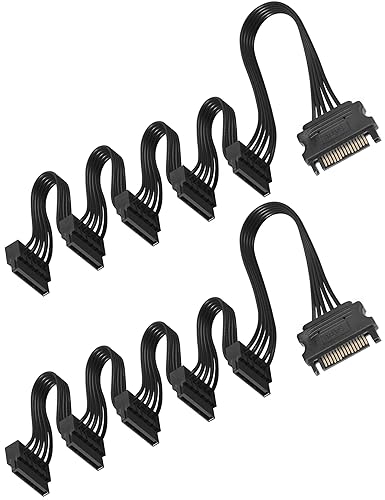 SATA Power 1 to 5 Splitter Cables - 15 Pin Male to Female Power Cable Splitter Powers up to 5 Hard Disk Drive, SSD, Optical Drives