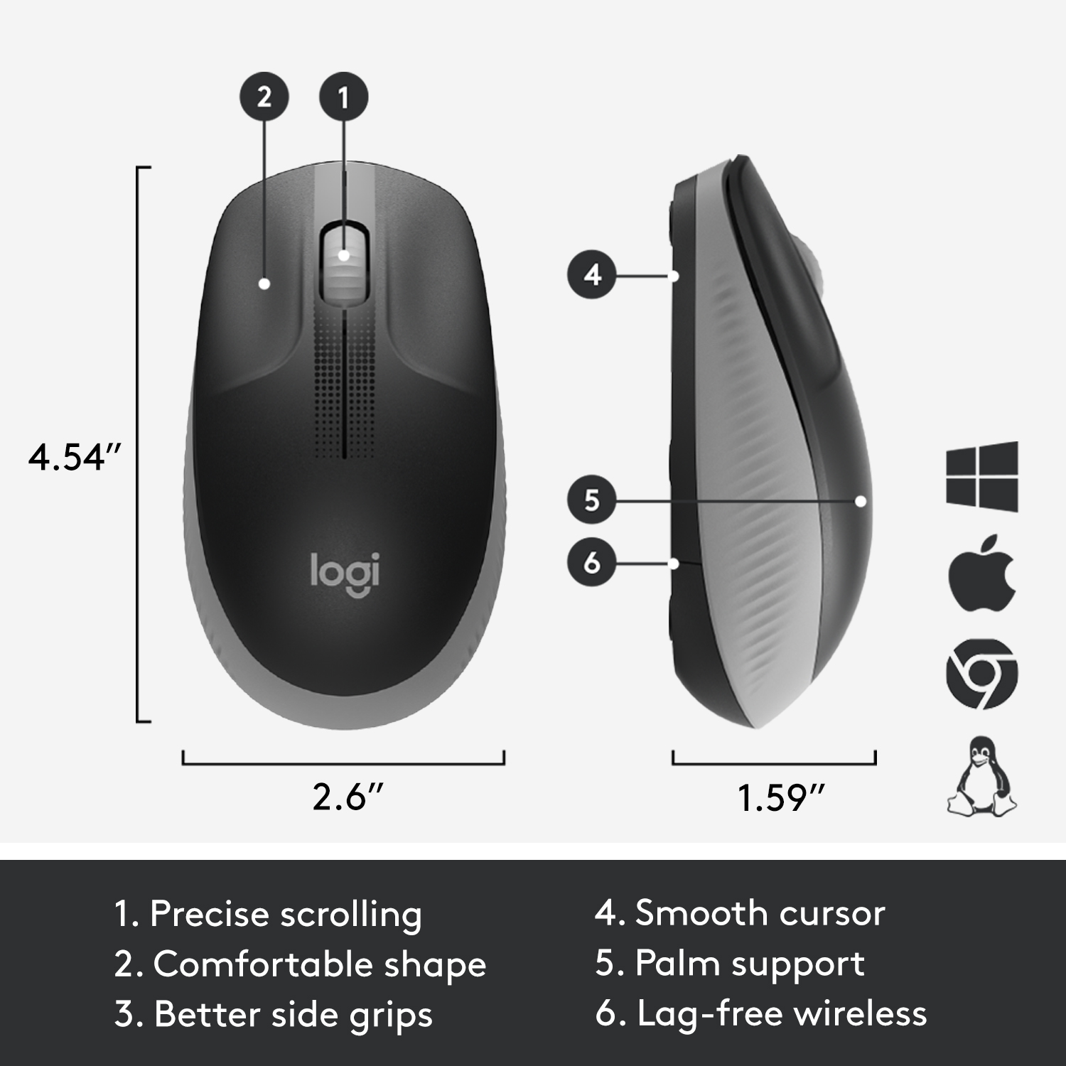 Logitech M191 Full-Size Wireless Mouse (Mid Grey)