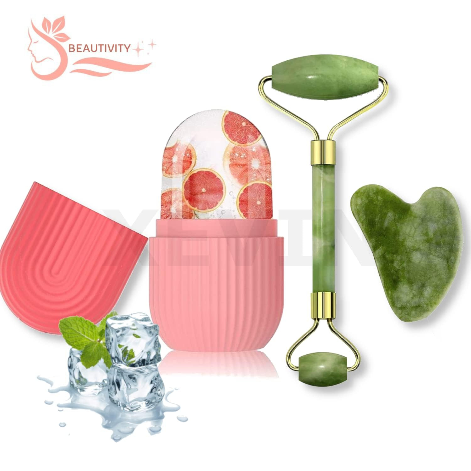 3 in 1 Face Stone Jade Roller Massager with Gua Sha Stone And Ice Roller Set Facial Roller 100% Natural Stone Jade Roller For Skin Eye Neck Body Ice Cube