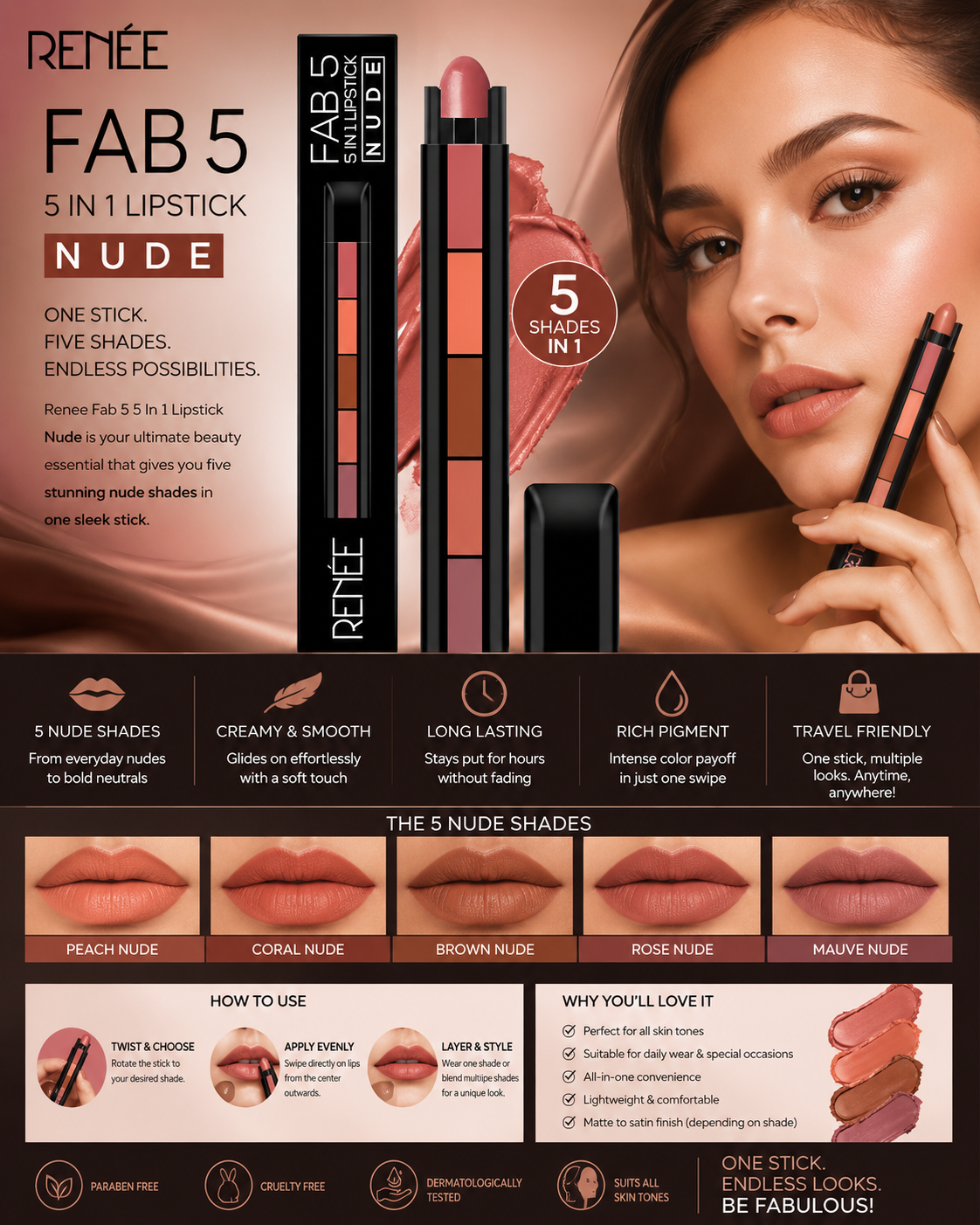 5 in 1 Lipstick Matte lipsticks Waterproof | Long Lasting |Lipstick Long lasting Random Shades Lipsticks 3.5g
