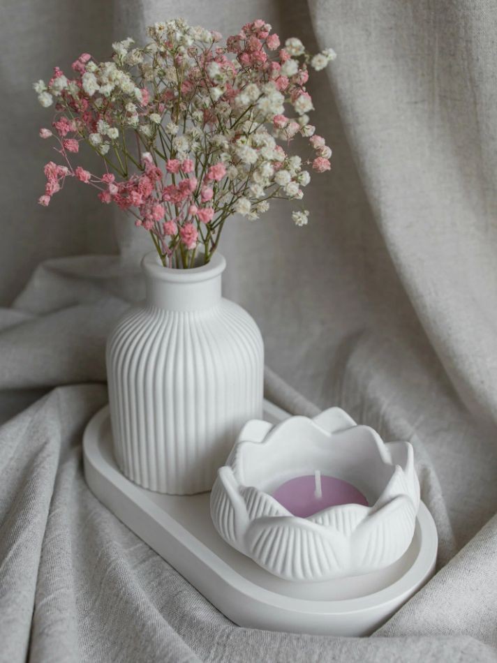 Set of 3 Mini Flower Vase Oval Tray & Peony Rose Candle Is Best for Home Decor, Modern Minimalist Home Decorative Set