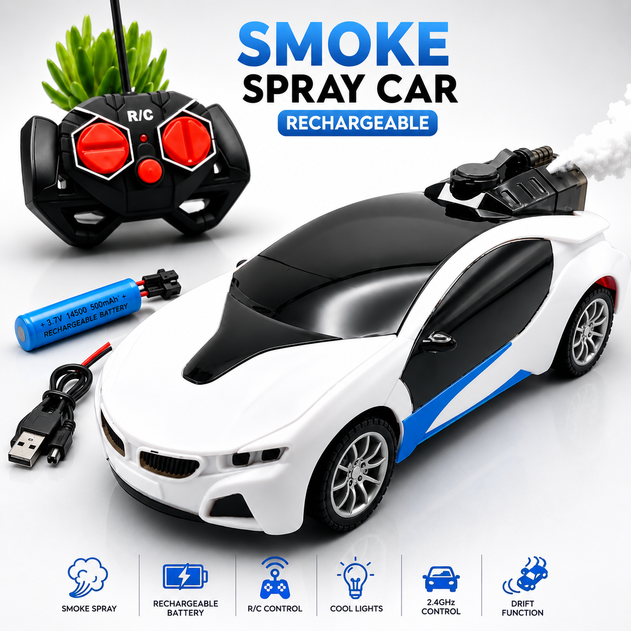 New Cool 3D Lighting Smoke Spray RC Car for Kids - Rechargeable Remote Control Toy Vehicle with 4-Wheel Drive and Active Smoke Button