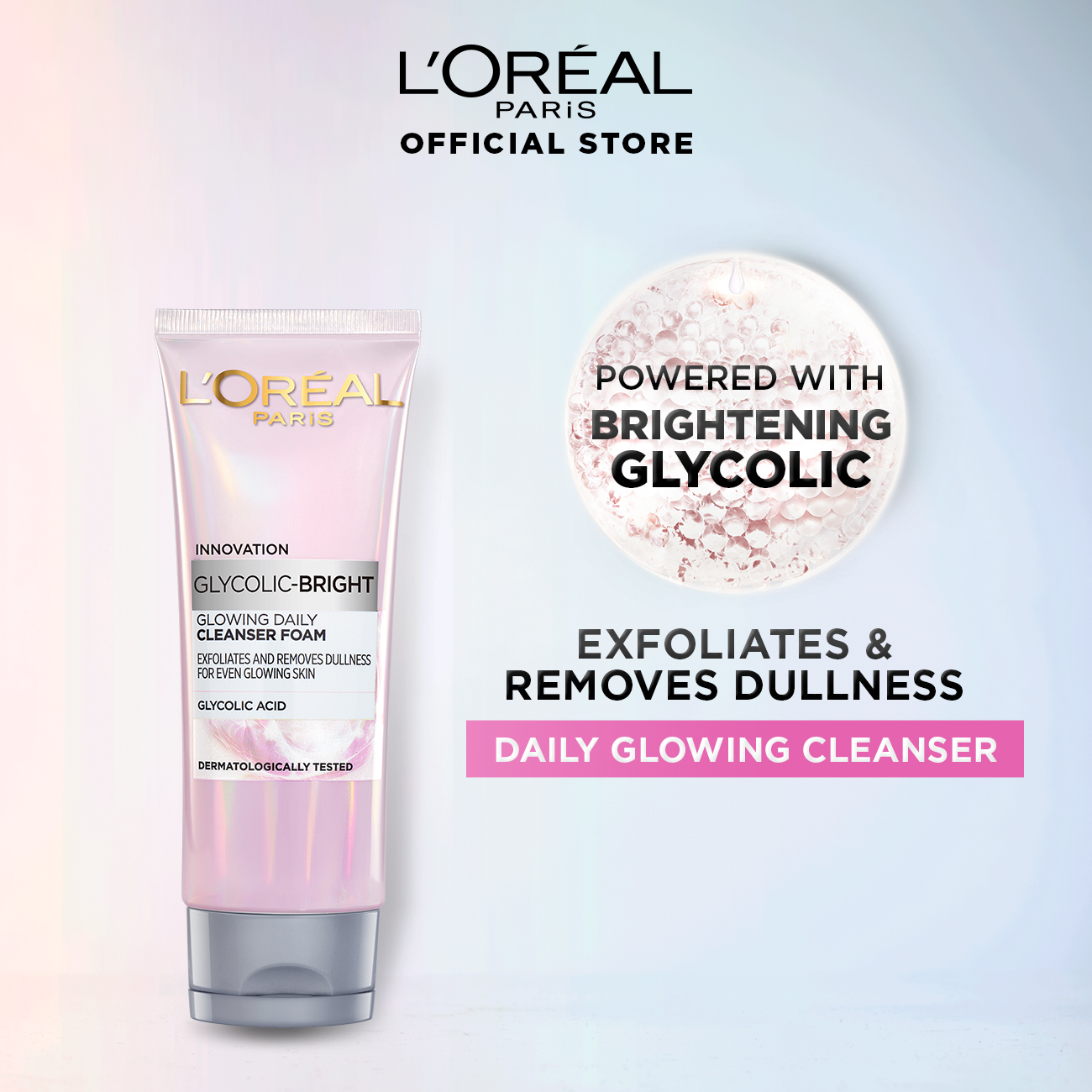 L'Oreal Paris Glycolic-Bright Glowing Daily Face Wash, For Even Glowing Skin, 100ml - Brightening, Dark Spots, Glowing Skin