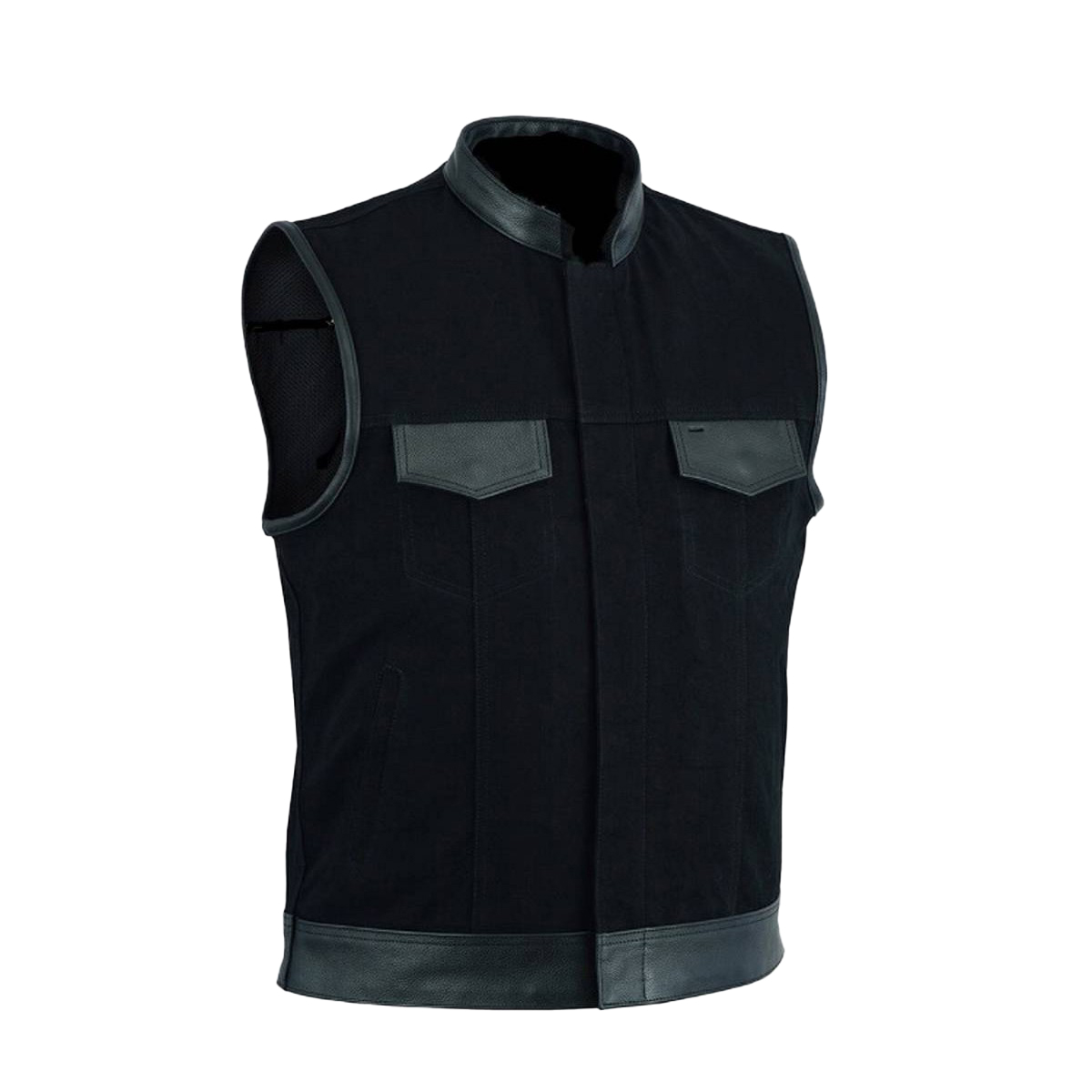SONS OF ANARCHY DENIM LEATHER TRIM BIKER LEATHER WAIST COAT BLACK