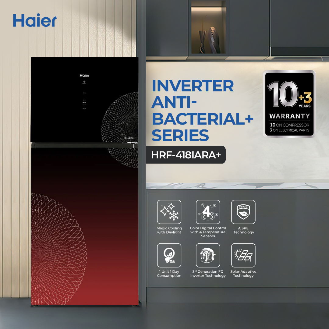 Haier 14.7 Cu Ft - Digital Inverter - HRF-418IARA+ ( Digital Control Panel + Turbo Fan + 4 Temperature Sensors + Inverter Compressor + Glass Door) Red Colour Refrigerator / 10 Years Warranty