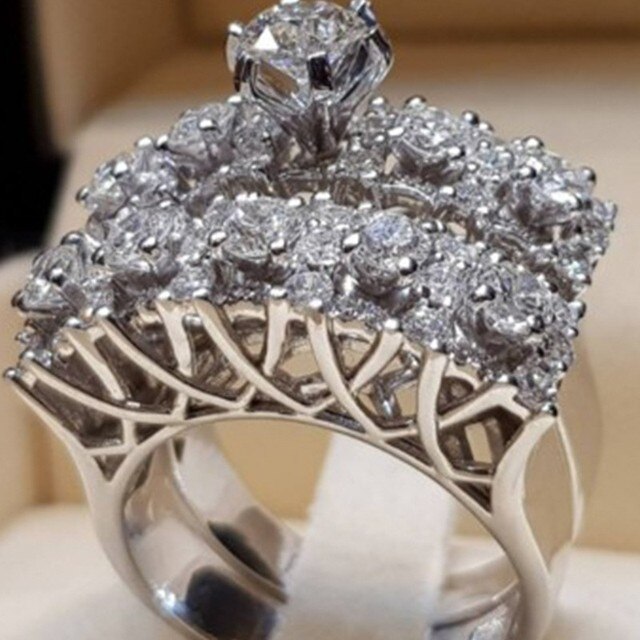 Classic 2 PCS/SET Cute Crystal White Round Ring Set For Women Luxury Engagement Ring Vintage Bridal Wedding Jewelry Art-WR008