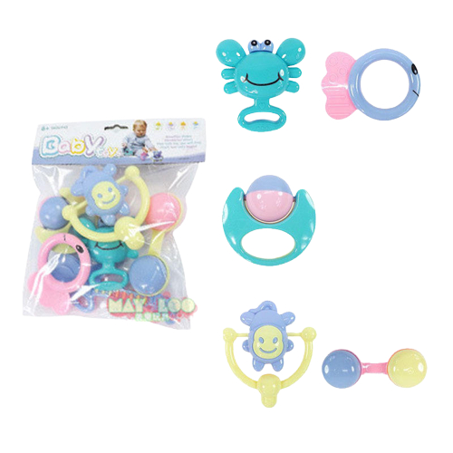 5 Pcs Newborn Baby Rattle & Teether Set – Hand Chew Toys with Crib Bell | Sensory Toys for Infants