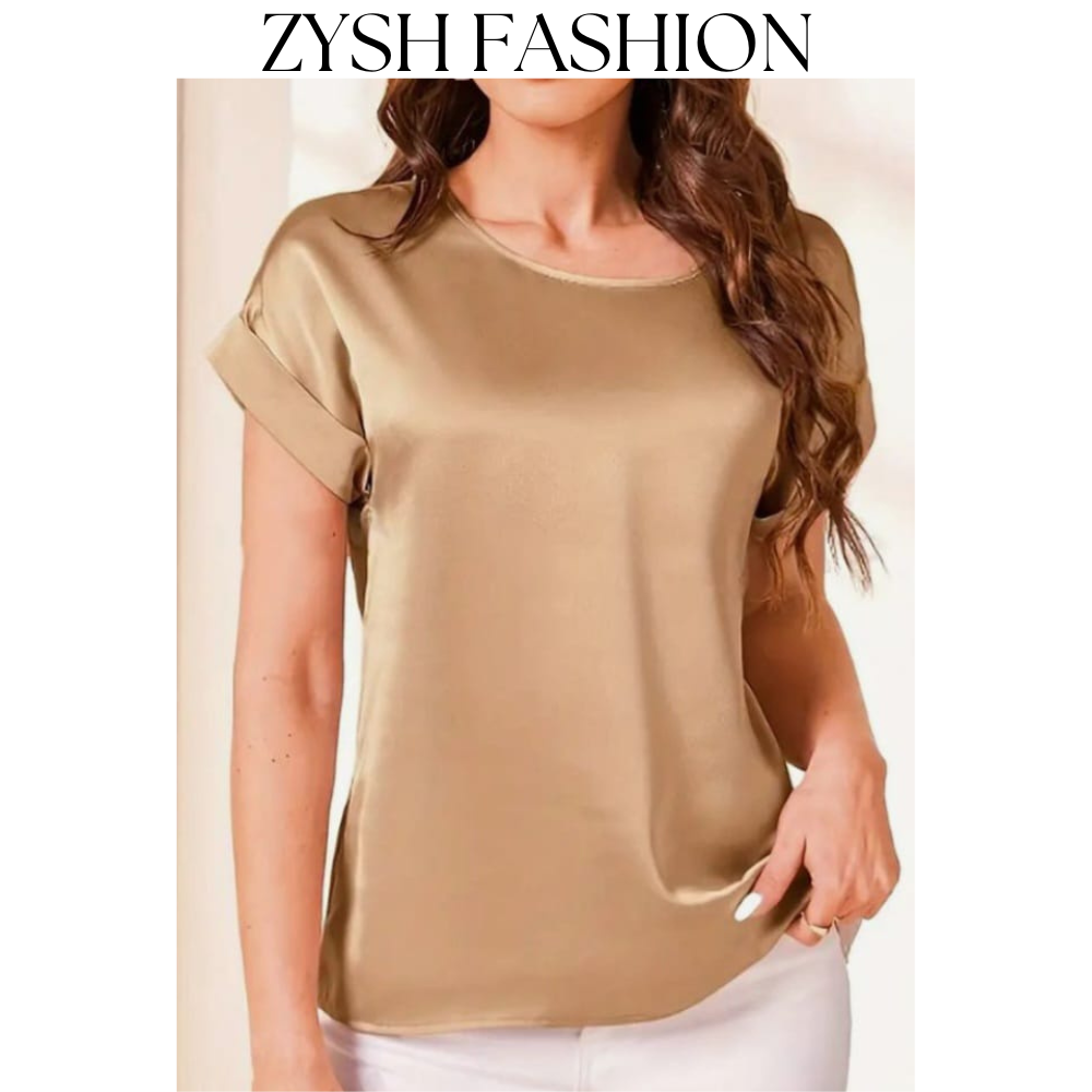 Zysh Fashion Elegant Short Sleeve Silk Blouse with Round Neck in Assorted Colors