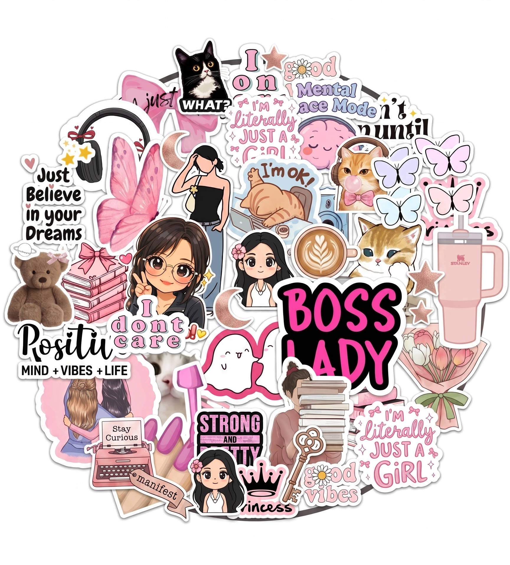 Mega Pack of 40+ Pink Aesthetic Uncut Stickers - Cute Motivational & Girl Power Stickers for Laptop, Mobile, Journal & Scrapbook