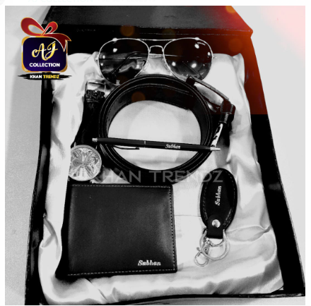 Customized Gents 6pcs Set Deal Black & Dark Brown Colors  With Box Wallet, Keychain, Pen, Belt, Watch and Glasses