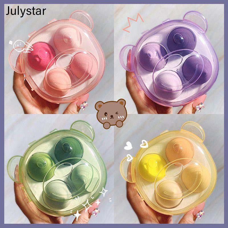 Julystar 1 Box 4pcs Transparen Bear Box Pack Makeup Sponge 4 Color Beauty Sponges Cosmetics Puff For Girls & Women