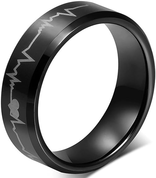 Heartbeat Laser Etched Engagement Band Rings For women and men ECG Rings Black Band
