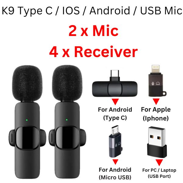 Wireless MIC Type C/Lightning/Android Mic K9 Wireless Double Microphone For Interview, Vlogging , Podcast