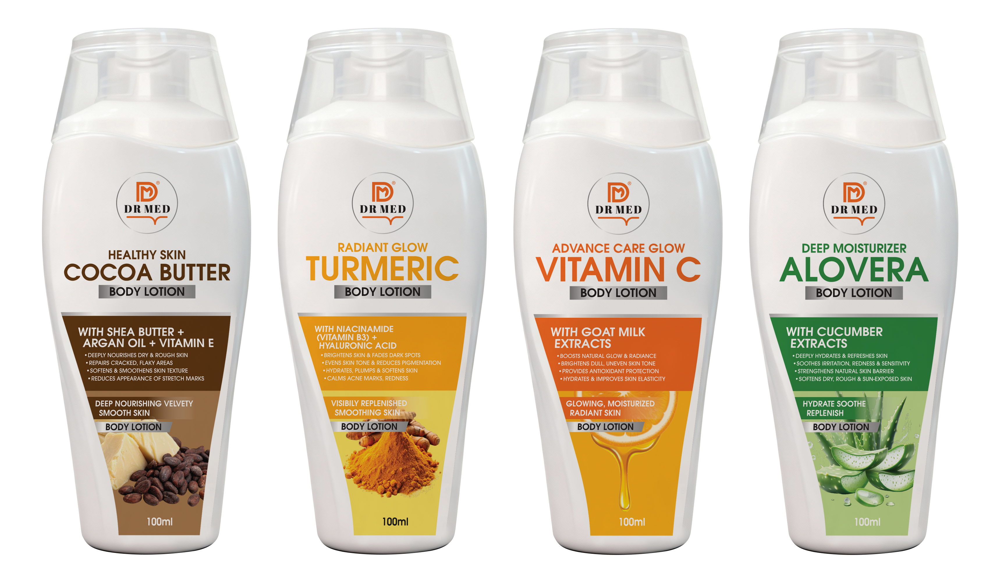 Complete Body Care Set (4 Lotions) – Ultra Hydration, Glow & Deep Nourishment – Aloe Vera, Vitamin C Goat Milk, Cocoa Butter, Turmeric + Hyaluronic Acid – 100ml