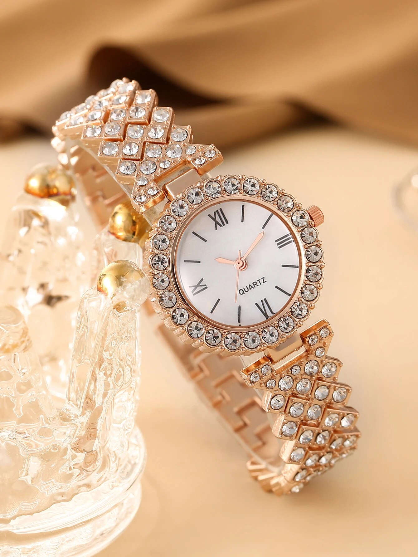 Jewellery For Women Girls Women's Fashion Trend Luxury Rhinestone Roman Quartz Watch Rhinestone Necklace Ring Bracelet Best for Gift