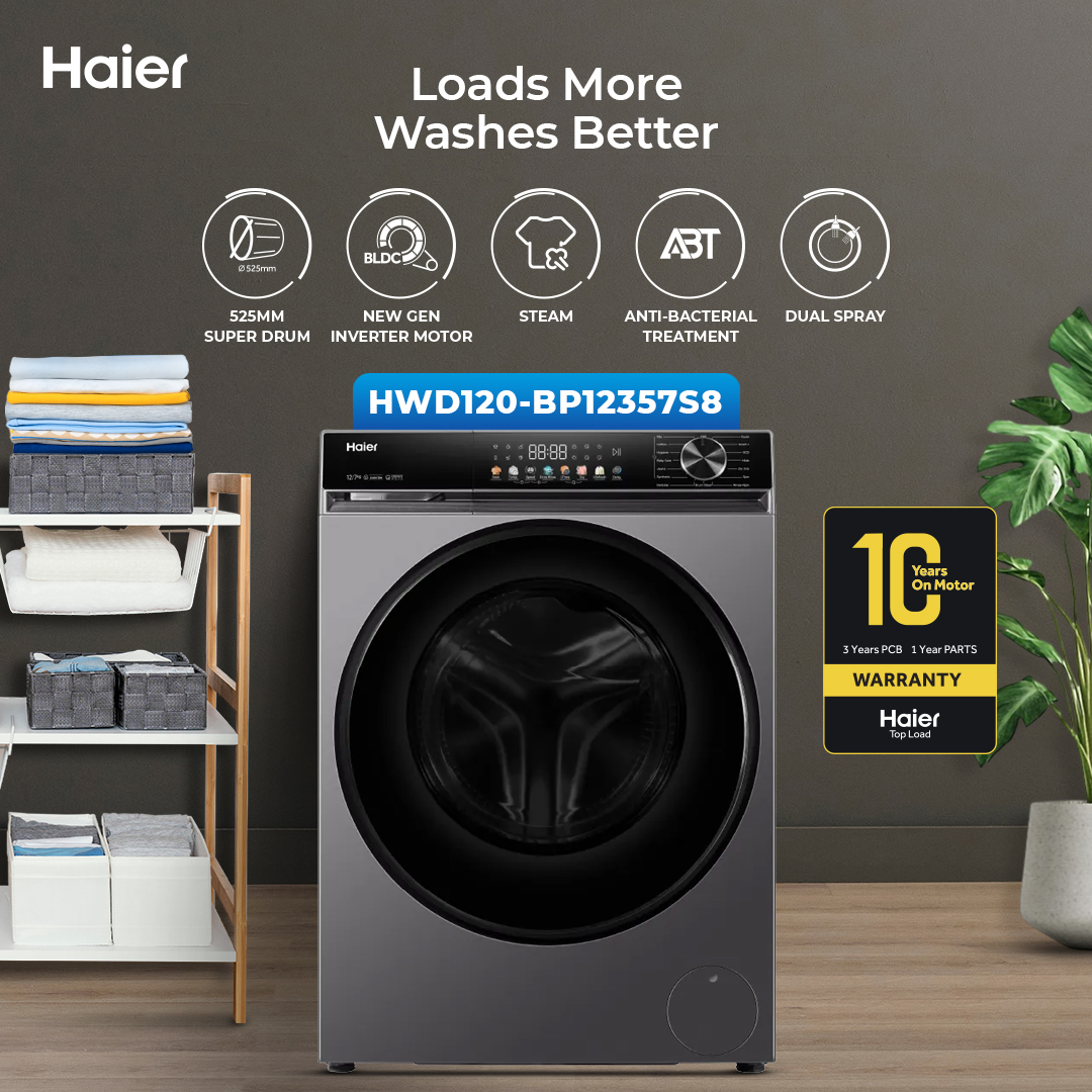 Haier HWD120-BP12357 Front Load Fully Automatic Washing Machine - 525mm Super Drum - Stain Wash - Inverter - Steam Clean - 10 years brand warranty