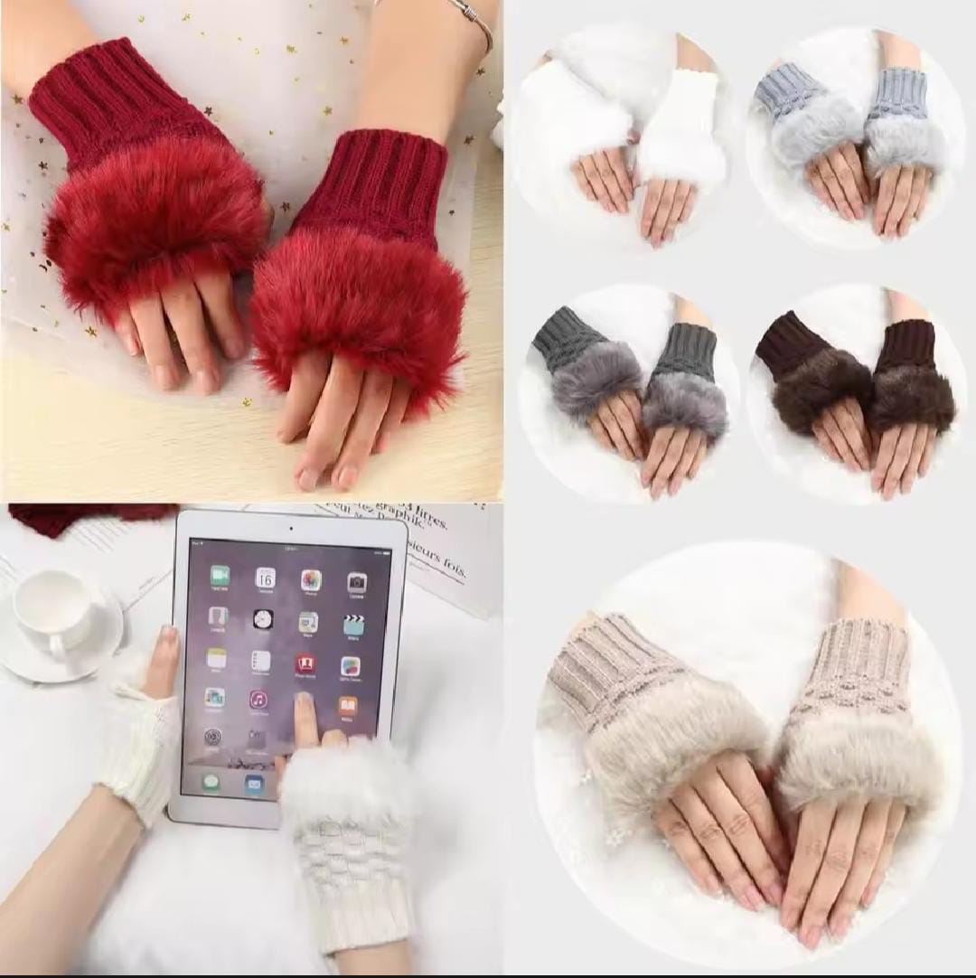 Fashion Women Faux Rabbit Fur Knitted Fingerless Gloves | Hand Wrist Warmer Half Finger Mittens for Winter"