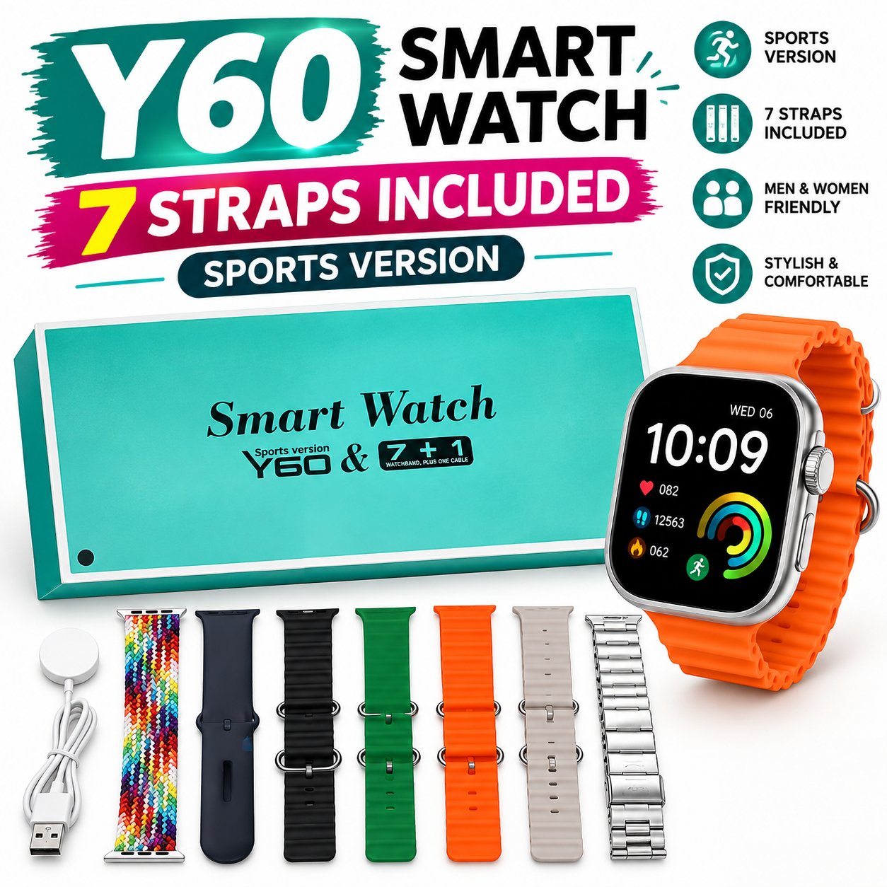 Y60 Smart Watch Sports Version | 7+1 Straps Stylish Watch Bands | Smart Watch for Men & Women | Fitness Sports & Daily Use