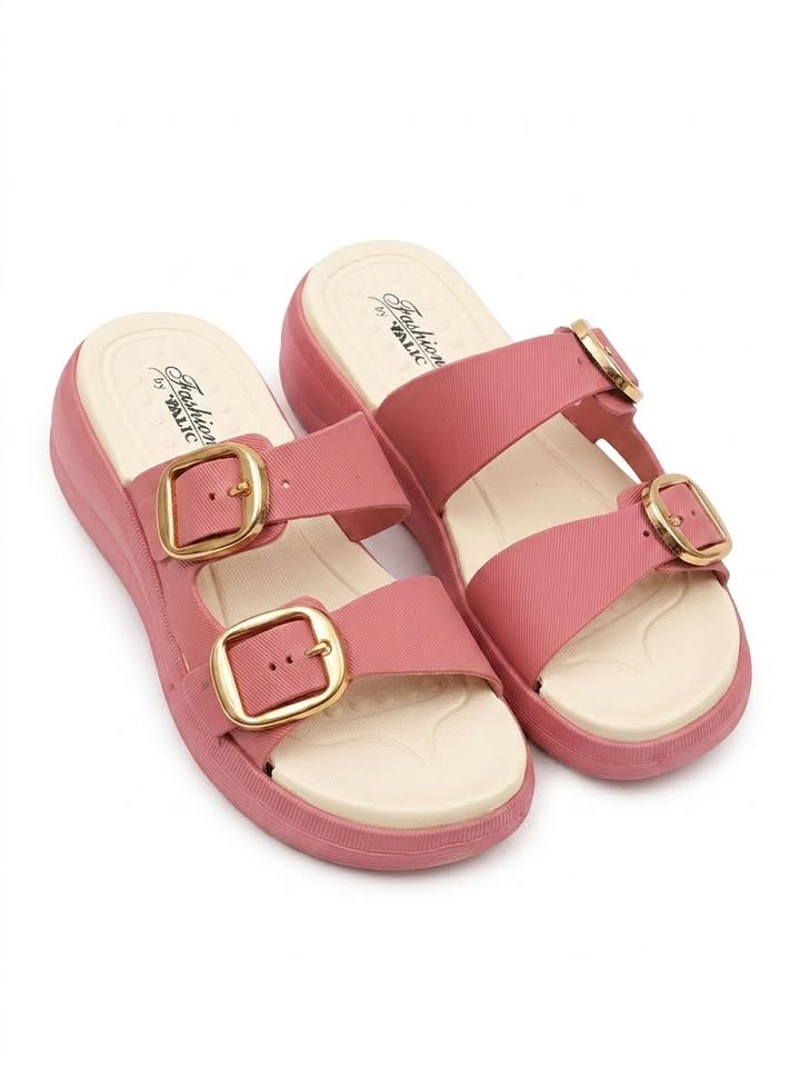 Women Double Buckle Sandals Casual Soft Platform Slippers Trendy Stylish Chappal for Girls Comfortable Summer Footwear Ladies Slip On Slides Fashion Wedge Sandals Lightweight Indoor Outdoor Pink