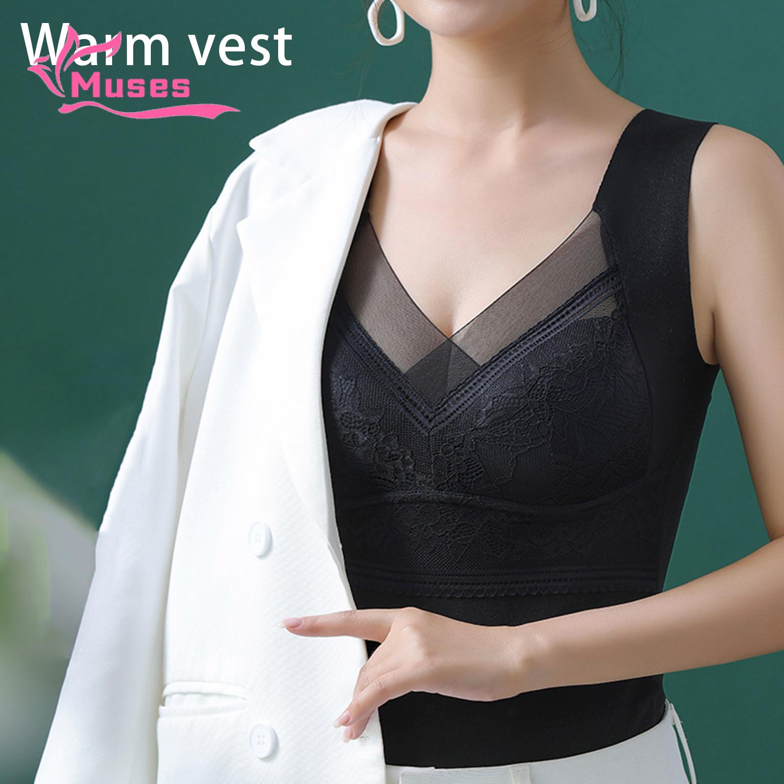 Muses Mall Thermal Vest Embroidery Lace Decor Female Slim Darlon Lining  Warm Vest Style Bra