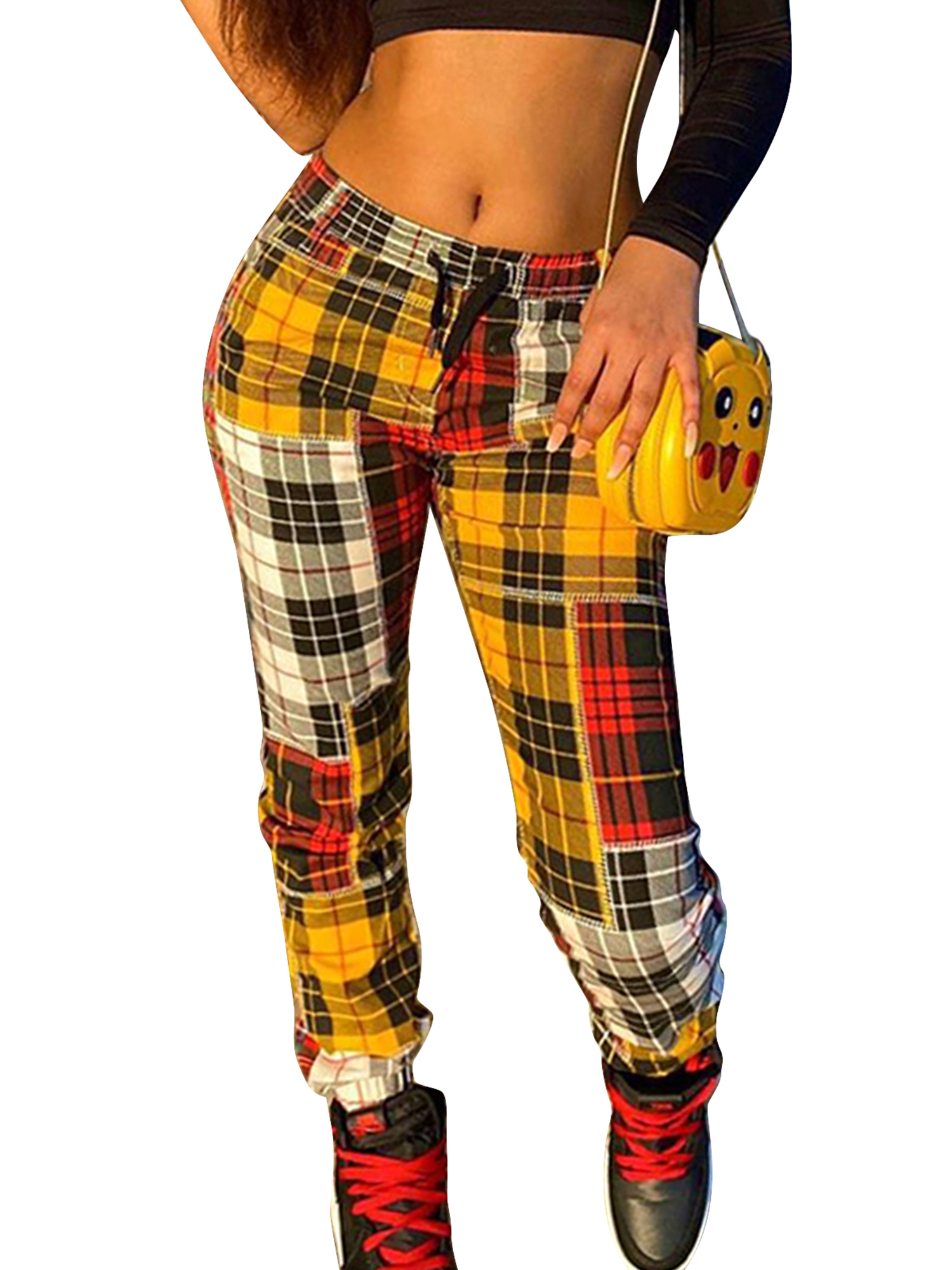 Half yellow plaid half black clearance pants