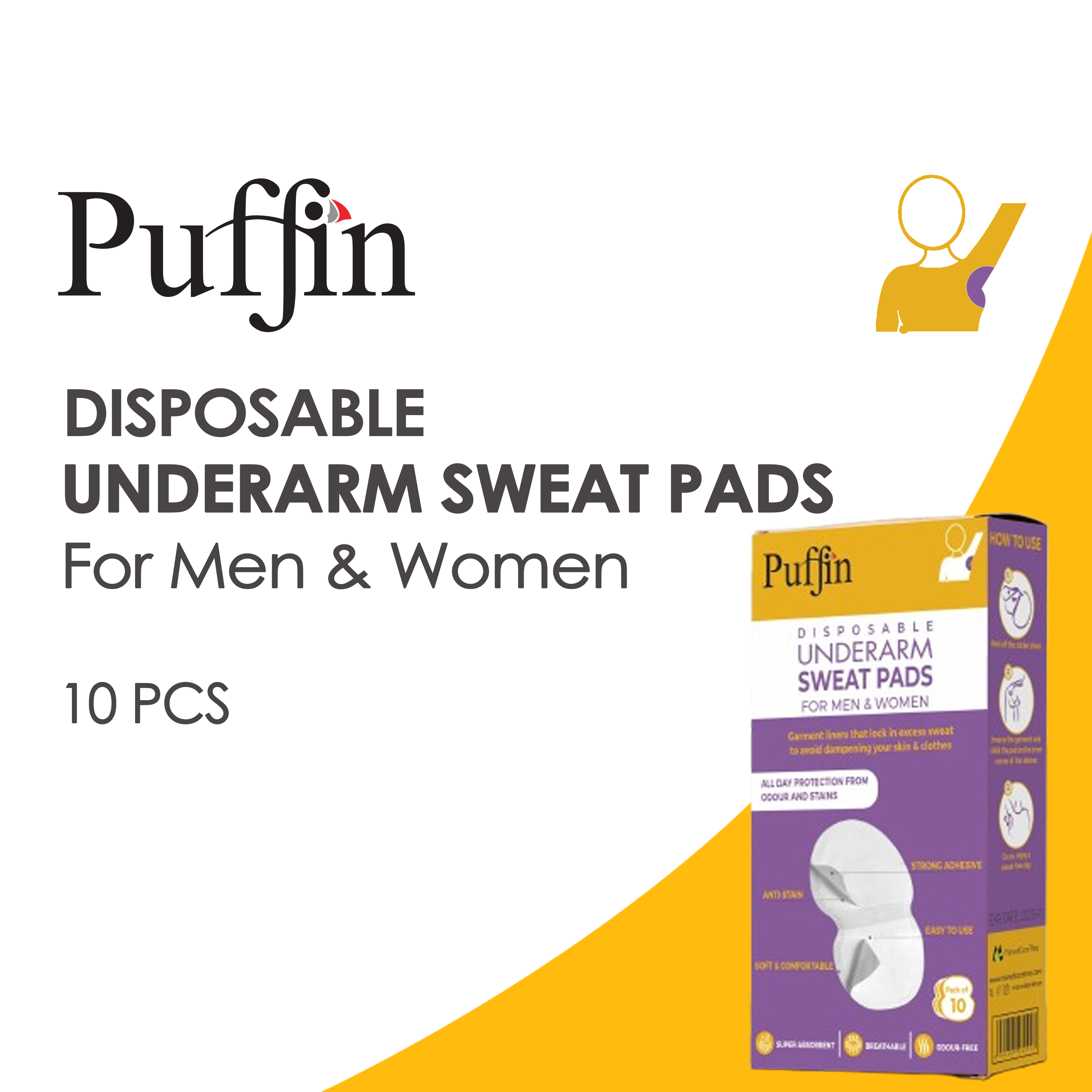 Puffin Disposable Underarm Sweat Pads 10 Pcs - Non-woven Invisible Armpit Sweat Absorbent Stickers / Fabric Cotton Underarm Care Absorb Sweat Self-adhesive Pads, for Women and men, Underarm Sweat Pads can Easily Absorb Sweat and Neutralize Odors