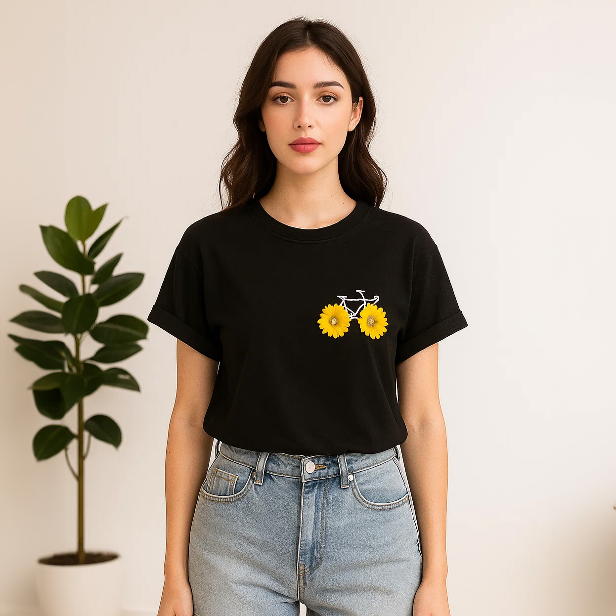 Black Cotton T-Shirt with Yellow Sunflower Bicycle Print | Summer Casual Wear for Women & Girls (S-XL)
