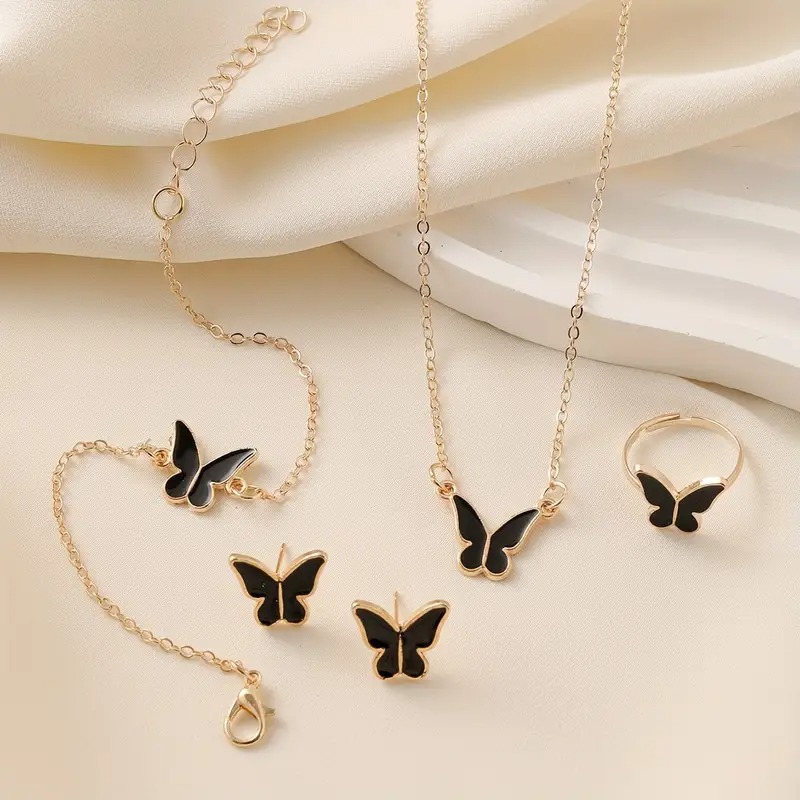 1Set Fashion Exquisite Simple Versatile Butterfly Necklace Bracelet Earrings Ring For Women Girls Wedding Party Jewelry Set