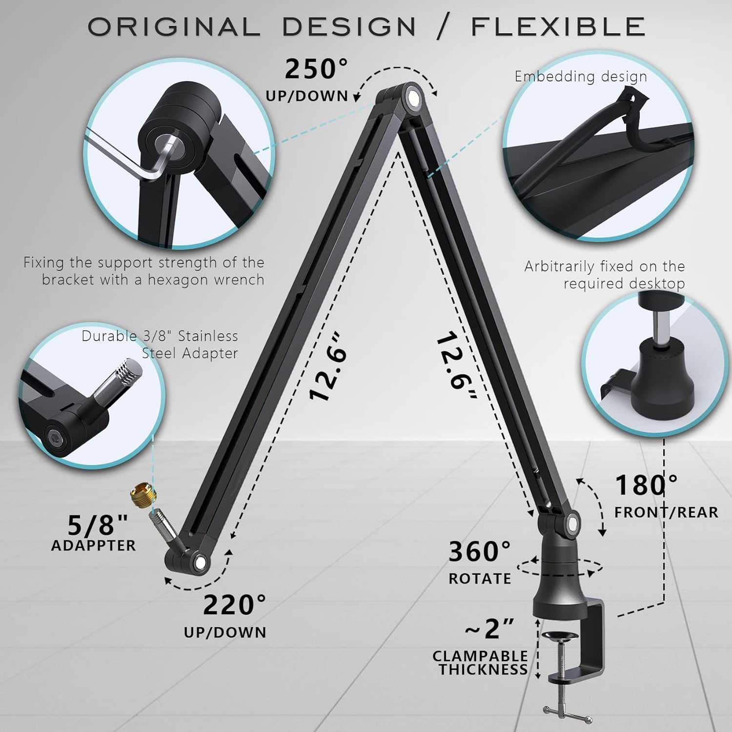 Alogy Boom ArmStand, 360° Rotatable Microphone Stand with Desk Mount, Foldable Desk Mic Arm with 3/8'' to 5/8'' Screw Adapter, Microphone Arm for Live Streaming, Gaming, Podcasting, Radio