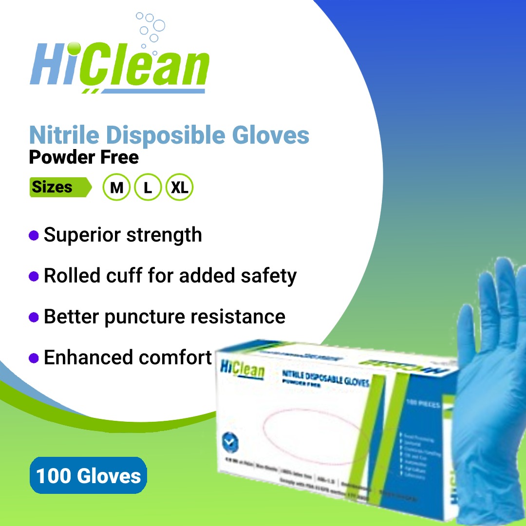 HiClean Nitrile Disposable Gloves (Powder Free) Blue 100 Gloves