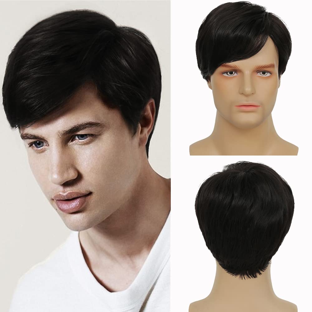 Men Short Wig Natural Black - Synthetic Toupee Wig for Men, Realistic Matte Look, High-Temperature Fiber