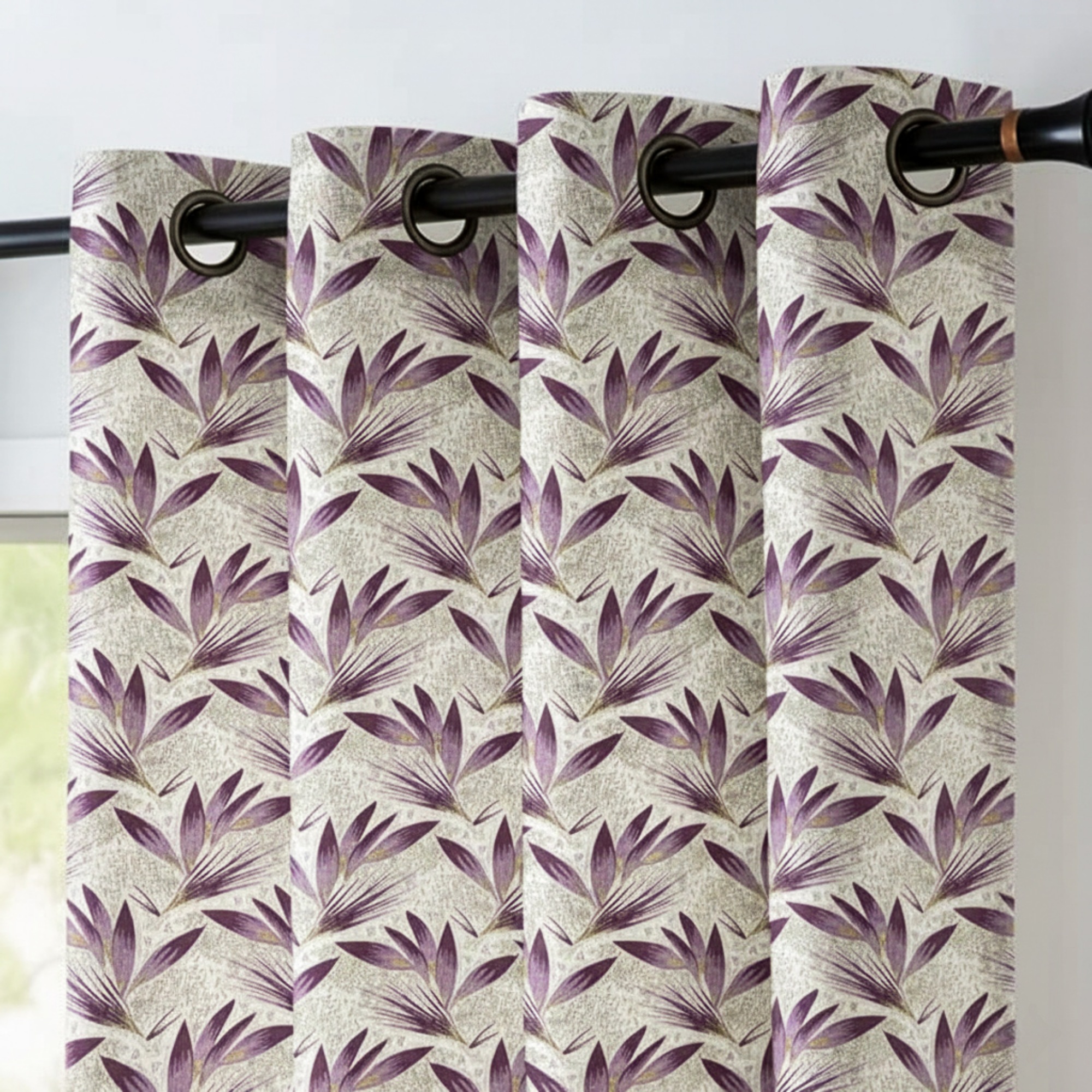 Modern Leaf Design Curtains for Bedroom & Living Room - Premium Leaf Printed Window & Door Curtain Panel with Rings by Ashrafsons lnn