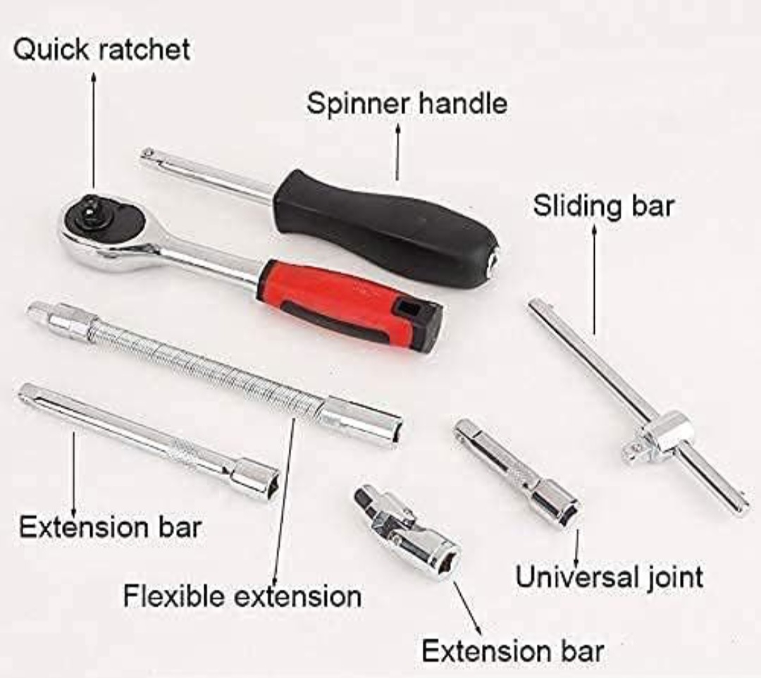 Imported 46 in 1 Pcs Combination Wrench Set Socket for Car & Bike Repairing Hand Tools Long Handle Kit 46pcs Tool sets Combo Tools Repair 1/4" Ratchet Torque Box for Spanner Force Kit, Tools Set wrench sets