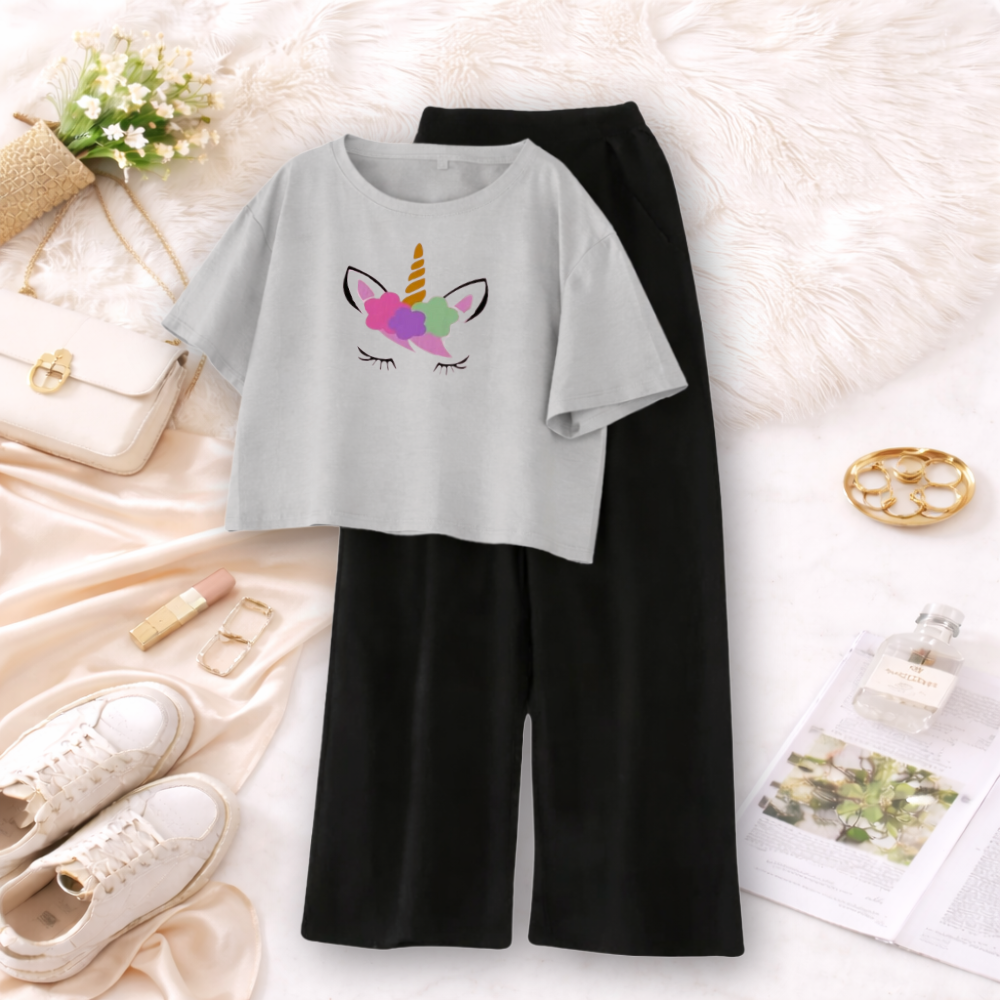 MK Garments - Stylish Unicorn Printed Comfortable 2 Piece Dress Casual Wear for Girls and Women  Crop T-Shirt with Palazzo Trouser