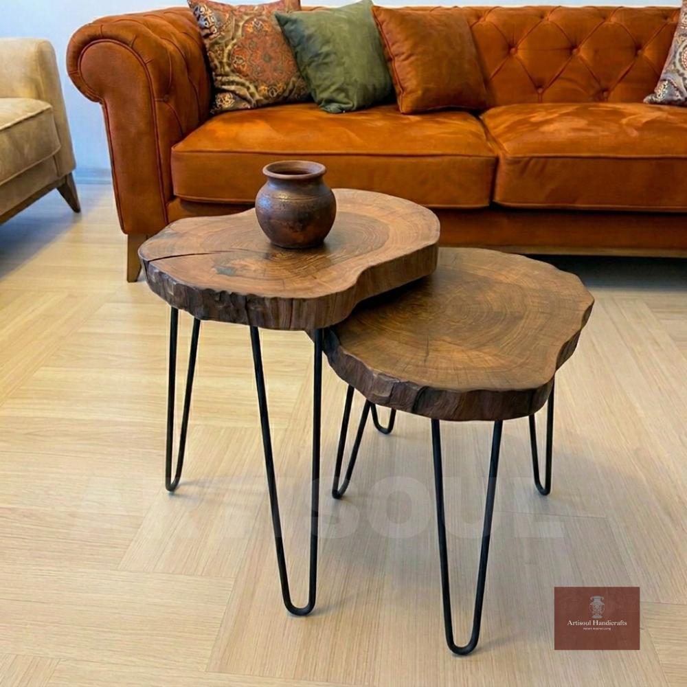 Artisoul Live Edge Coffee Table  Solid Sheesham & Acacia Wood  Metal Hairpin Legs  Center Table for Living Room  Drawing Room Sofa Side Table  Nesting Table Set 1-2-3 Piece  Rustic Handmade Wooden Table Pakistan