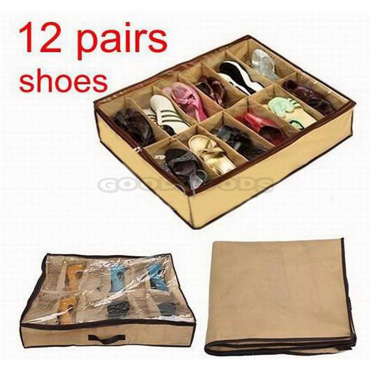 Under Bed Shoe Organizer Bag Hard Solid Fabric with Clear Plastic Zip Cover Store up to 12 Pairs of Shoes